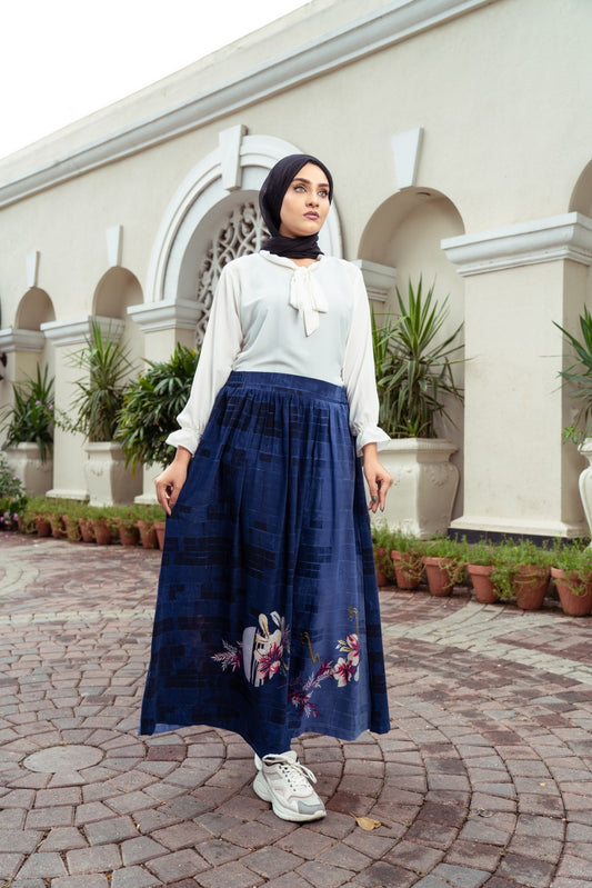 Blue Causal Skirt,modest wear collection,silk skirt,flower print skirt,smamz modest wear