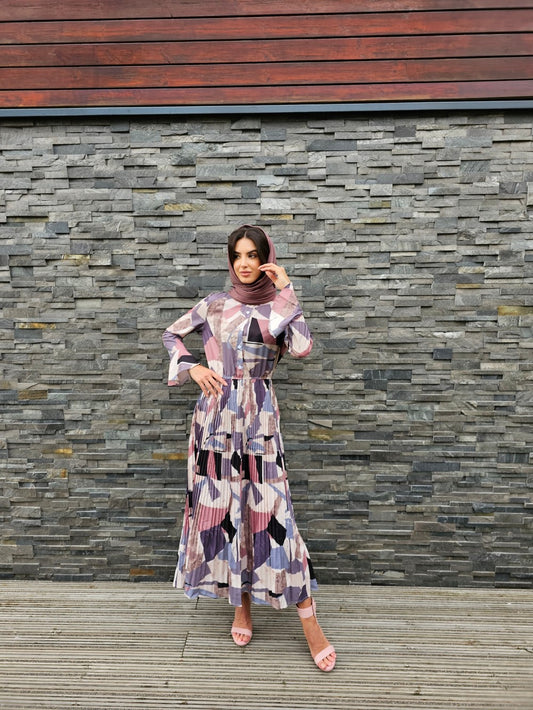 block plated dress,polyester dress,long sleeves,smamz modest formal wear