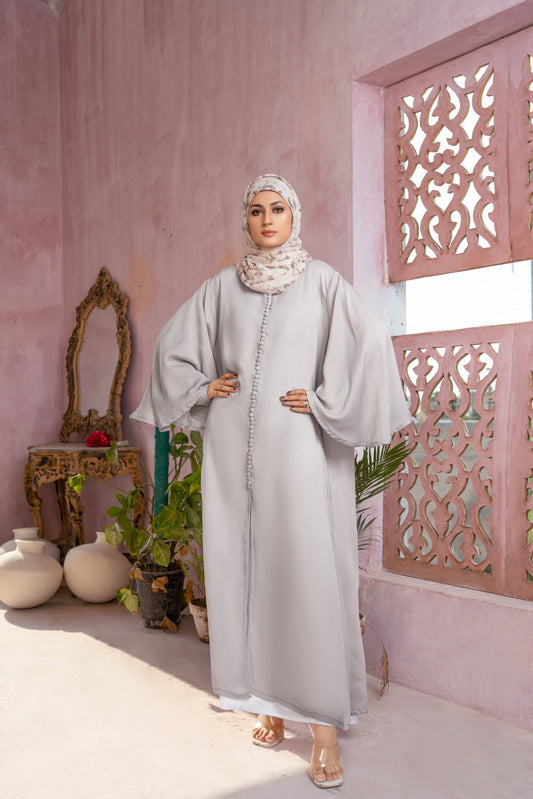 Ivory Buttoned Dress,luxurious satin dress,butterfly sleeves dress,smamz modest formal wear