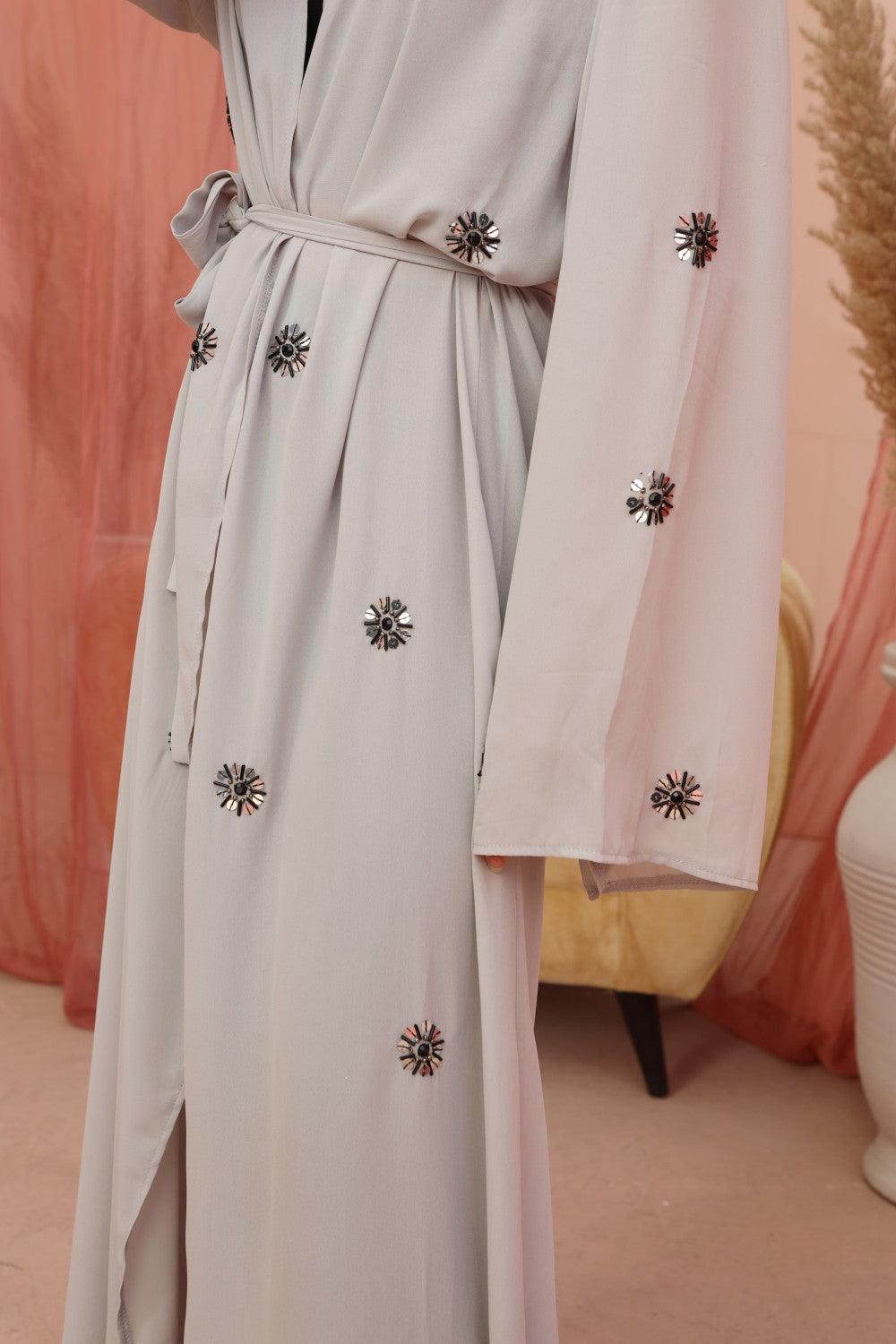 Mystic Grey abaya,Kimono Abaya,premium quality abaya,polyester abaya,long sleeves abaya,smamz kimono abaya,smamz modest formal wear