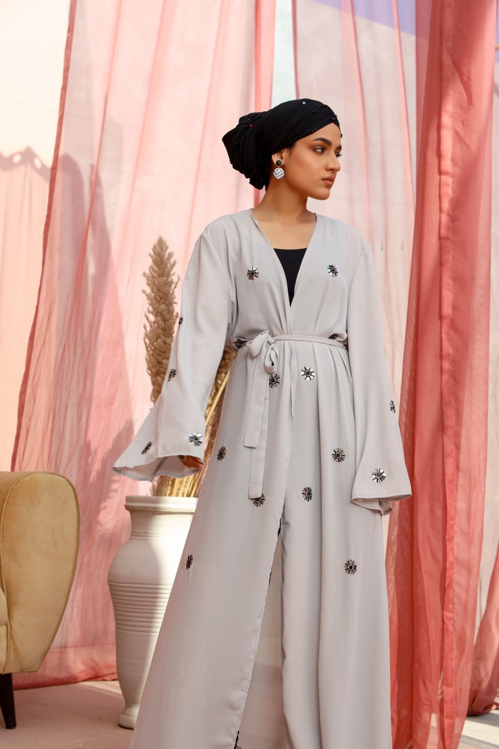 Mystic Grey abaya,Kimono Abaya,premium quality abaya,polyester abaya,long sleeves abaya,smamz kimono abaya,smamz modest formal wear