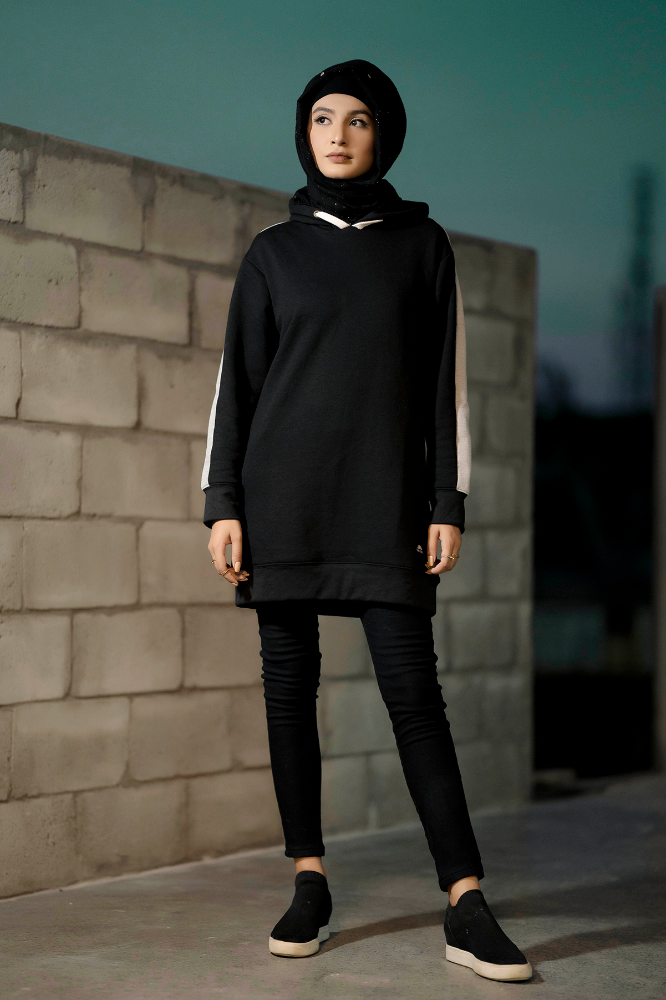 Ladies Fleece Black Modest Hoodie