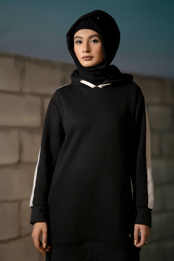 Ladies Fleece Black Modest Hoodie